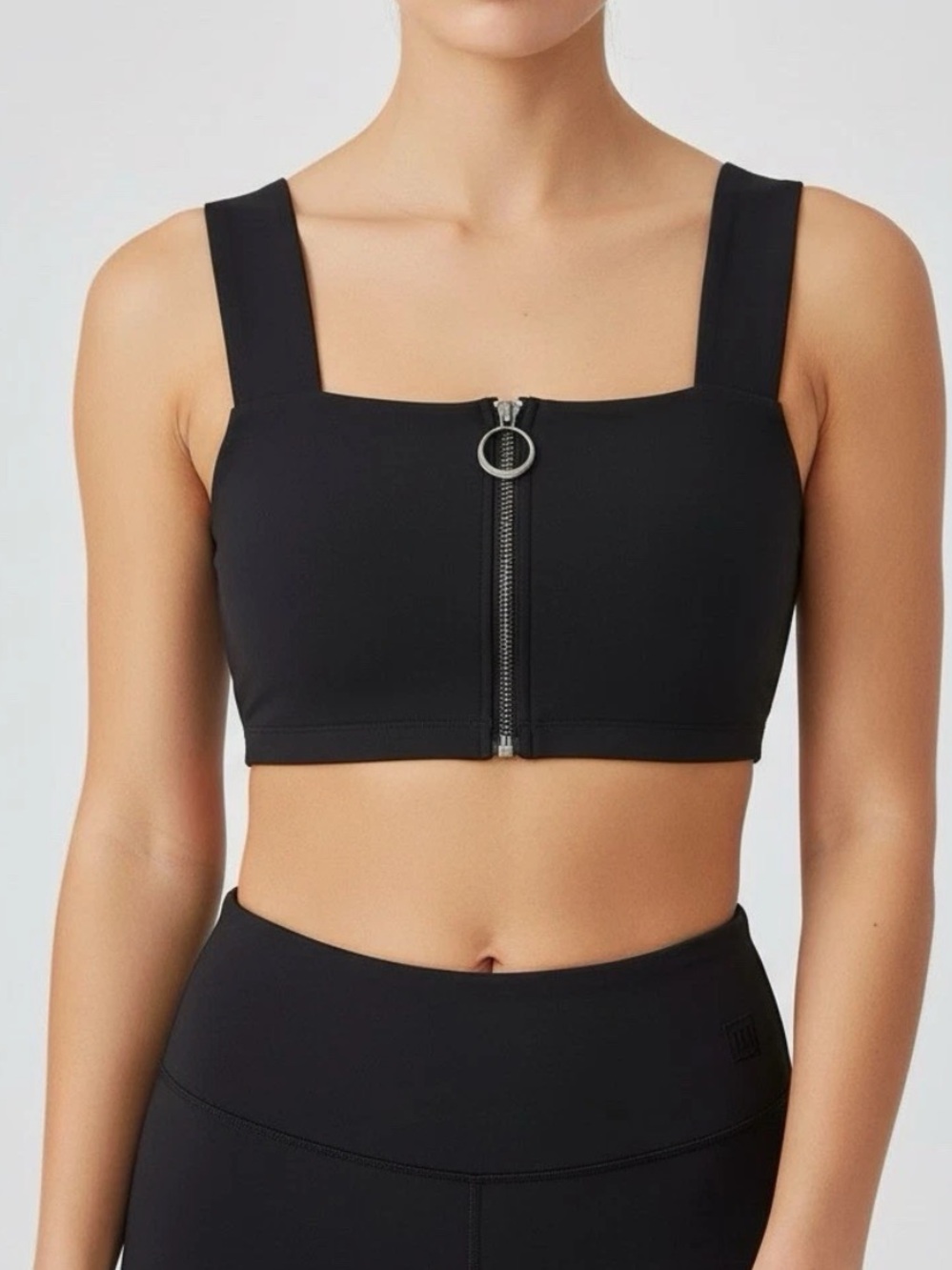 ALO Yoga Black Front-Zip Square-Neck Sports Bra